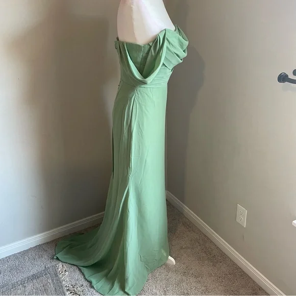 Chic Off-Shoulder Pastel Green Dress with Corset Back - Picture 2 of 7